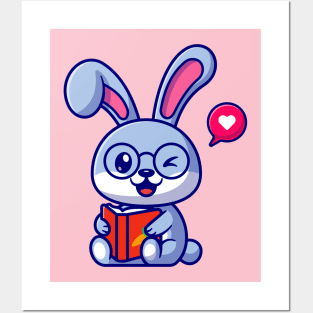 Cute Rabbit With Book Cartoon Posters and Art